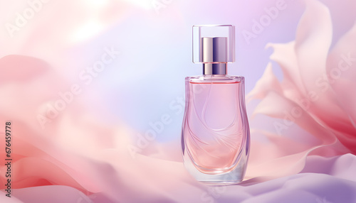 Beautiful perfume bottle on a folded pink silk fabric background for product presentation with empty space for text. Product mockup
