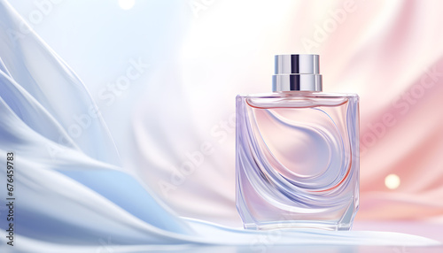 Beautiful perfume bottle on a folded pink and blue silk fabric background for product presentation with space for text. Product mockup
