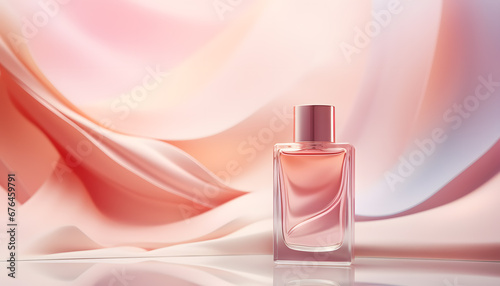 Beautiful transparent perfume bottle on a folded pink silk fabric background for product presentation with space for text. Product mockup photo