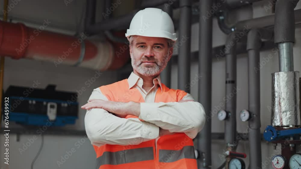 Portrait of mature caucasian man worker with pleasant smile and crossed arms standing on background of factory. Handsome employee dressed in working clothes with folding arms looking directly.