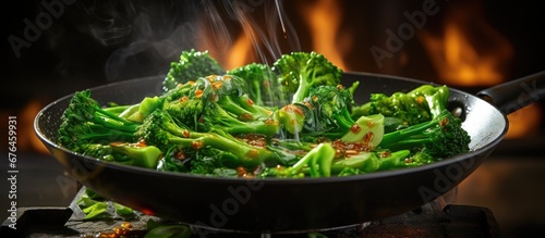 Stir frying Broccolini in a Thai kitchen against the isolated green background brings together the best of nature and food adding a healthy touch to the meal s nutrition with its high water  photo