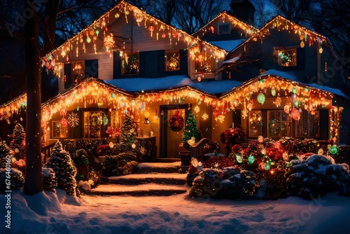 A festive display of holiday lights, illuminating a house with colorful bulbs and shimmering g