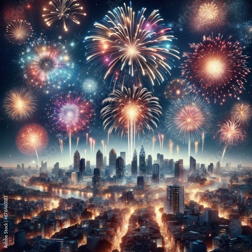 A dazzling display of explosive material ignites the night sky, as a cityscape of skyscrapers sets the stage for a jubilant celebration of christmas, new year, and independence day in 2024