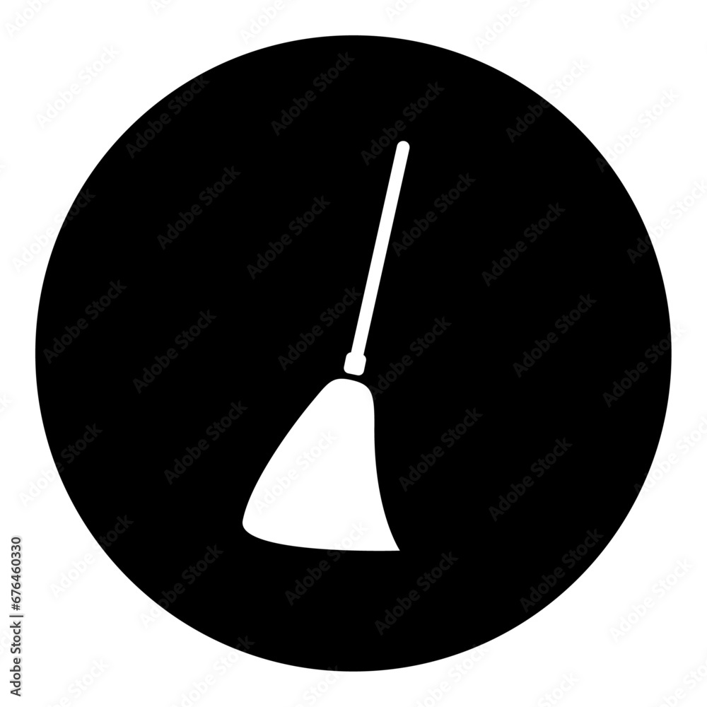 A broom symbol in the center. Isolated white symbol in black circle. Vector illustration on white background A broom symbol in the center. Isolated white symbol in black circle. Vector illustration on white background