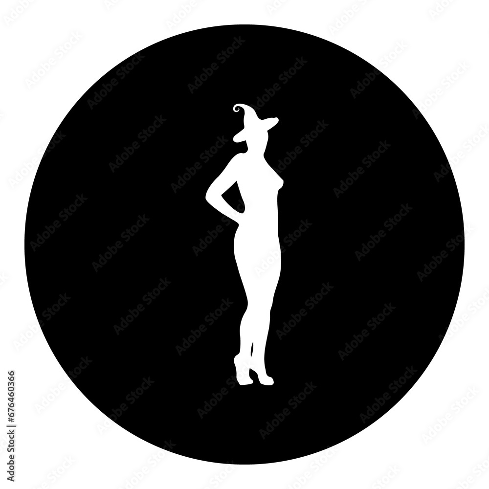 A sexy witch symbol in the center. Isolated white symbol in black circle. Illustration on transparent background A sexy witch symbol in the center. Isolated white symbol in black circle. Illustration on transparent background