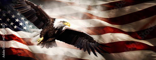 flying bald eagle on american flag. freedom and independence concept. 4th of july background. banner with copy space