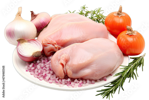 Fresh raw chicken, onion and leek on transparent background