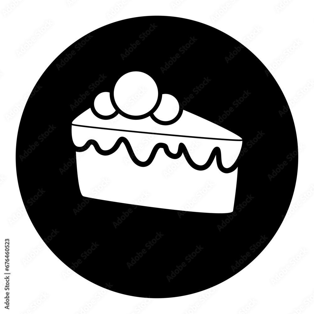 A piece of cake symbol in the center. Isolated white symbol in black circle. Vector illustration on white background A piece of cake symbol in the center. Isolated white symbol in black circle. Vector illustration on white background