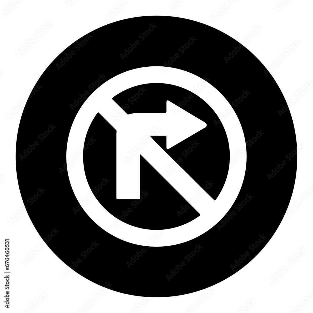 A no right turn sign in the center. Isolated white symbol in black circle. Vector illustration on white background A no right turn sign in the center. Isolated white symbol in black circle. Vector illustration on white background