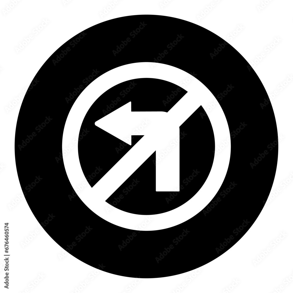 A no left turn sign in the center. Isolated white symbol in black circle. Vector illustration on white background A no left turn sign in the center. Isolated white symbol in black circle. Vector illustration on white background