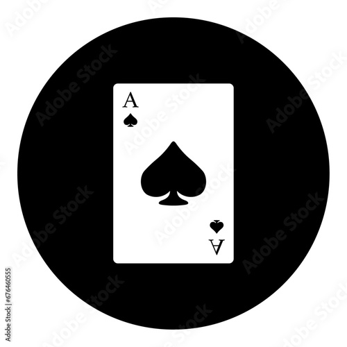 A ace of spades card in the center. Isolated white symbol in black circle. Vector illustration on white background
