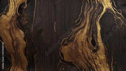 Dark wood with golden ink texture background, ai generative