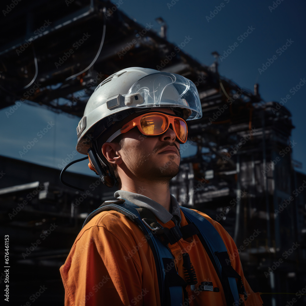 Portrait of a worker with a helmet and safety glasses in an industrial environment Portrait of a worker with a helmet and safety glasses in an industrial environment