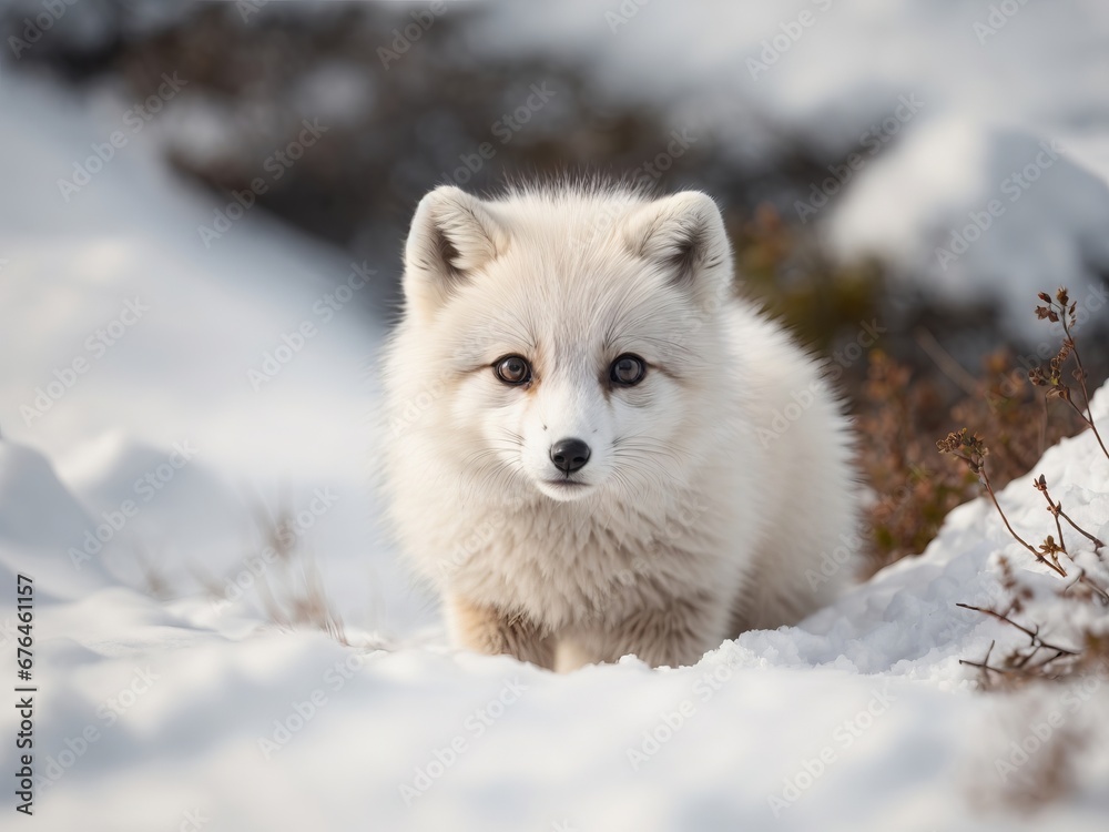 Baby Arctic fox Vulpes lagopus in snow habitat, winter landscape. Ai Generative