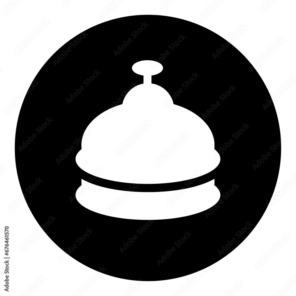 A reception bell symbol in the center. Isolated white symbol in black circle. Vector illustration on white background A reception bell symbol in the center. Isolated white symbol in black circle. Vector illustration on white background
