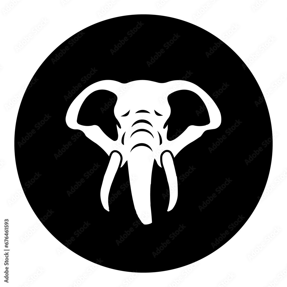 A elephant head in the center. Isolated white symbol in black circle. Illustration on transparent background A elephant head in the center. Isolated white symbol in black circle. Illustration on transparent background