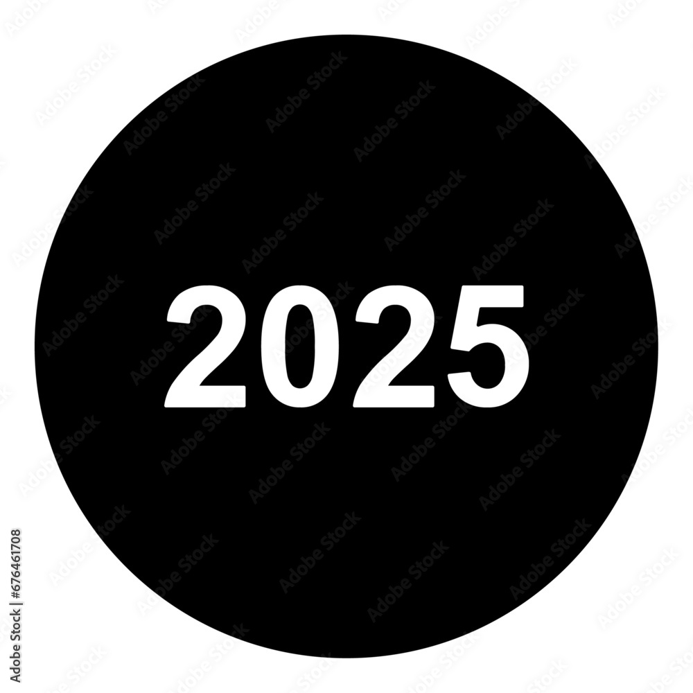 A 2025 year symbol in the center. Isolated white symbol in black circle. Vector illustration on white background