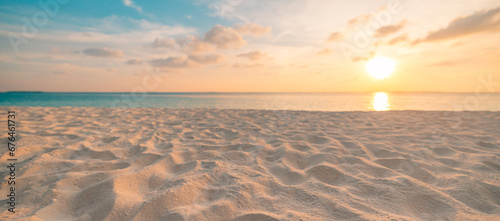 Fototapeta Naklejka Na Ścianę i Meble -  Sea sand sky closeup, sunset colors clouds, horizon sea water surface background banner. Inspire nature landscape coast. Beautiful wonderful tropical island paradise. Beach sunrise summer vacation