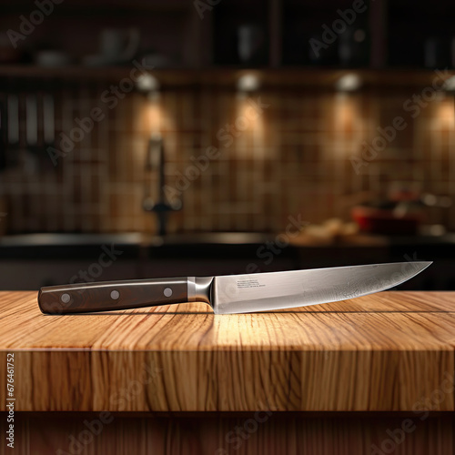 Chef's knife on wooden board in kitchen, with warm lighting and out of focus background photo