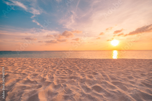 Sea sand sky closeup, sunset colors clouds, horizon sea water surface background banner. Inspire nature landscape coast. Beautiful wonderful tropical island paradise. Beach sunrise summer vacation