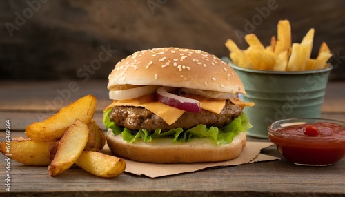 Hamburger and fried potatoes on a wooden table.