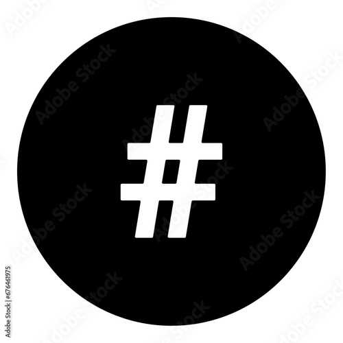 A hash symbol in the center. Isolated white symbol in black circle. Vector illustration on white background