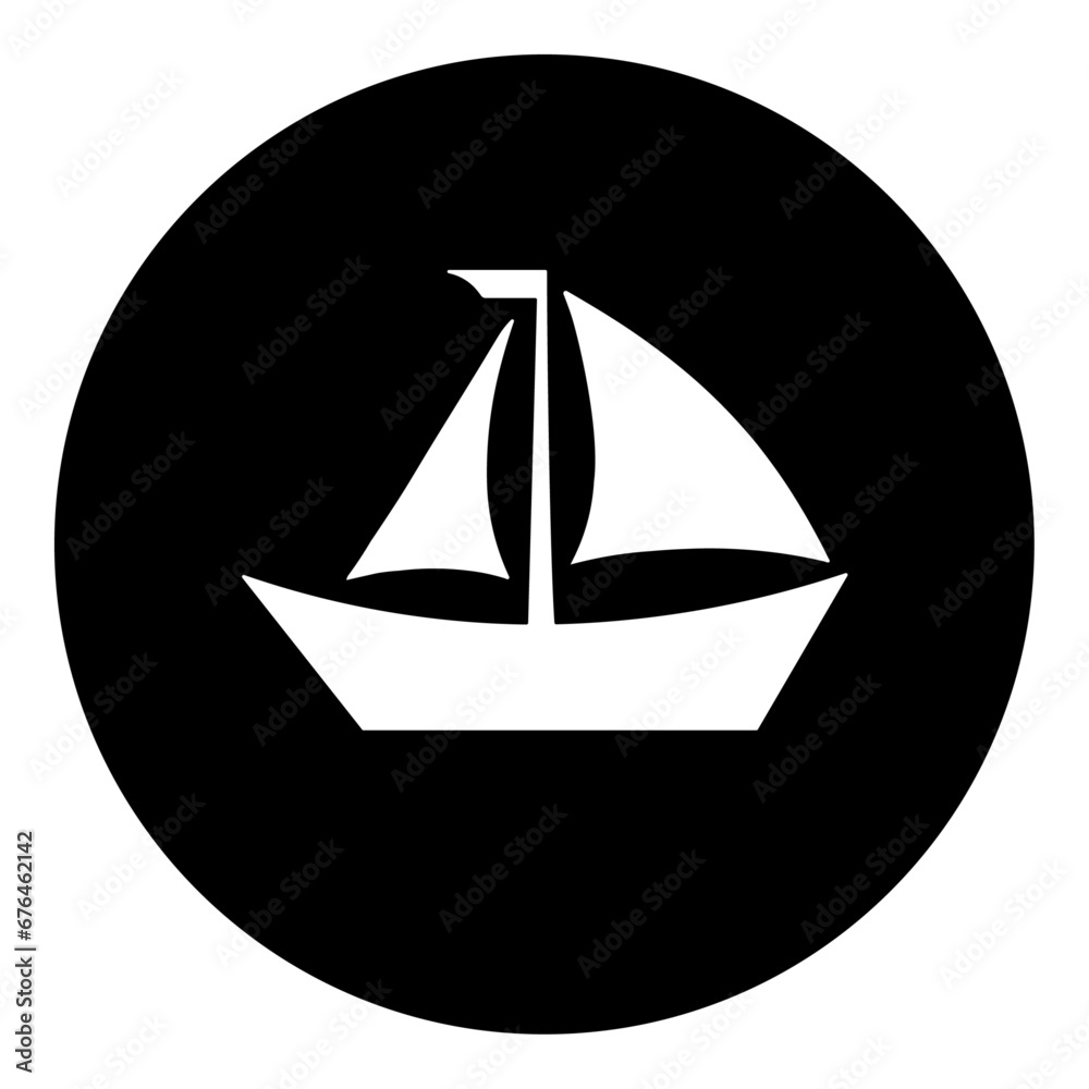A sailing boat symbol in the center. Isolated white symbol in black circle. Vector illustration on white background A sailing boat symbol in the center. Isolated white symbol in black circle. Vector illustration on white background