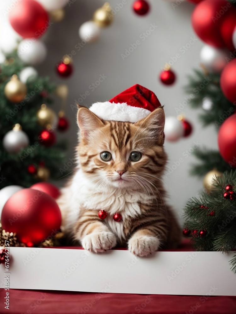 Obraz premium Cute kitten wearing Santa Claus red hat. Merry Christmas and Happy New Year decoration - balls, balloons, toys and gifts around. X-mas postcard