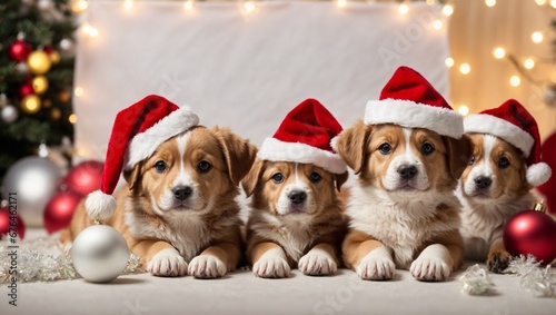 Cute puppies wearing Santa Claus red hat. Merry Christmas and Happy New Year decoration around (balls, toys and gifts). X-mas postcard © Roman Samokhin