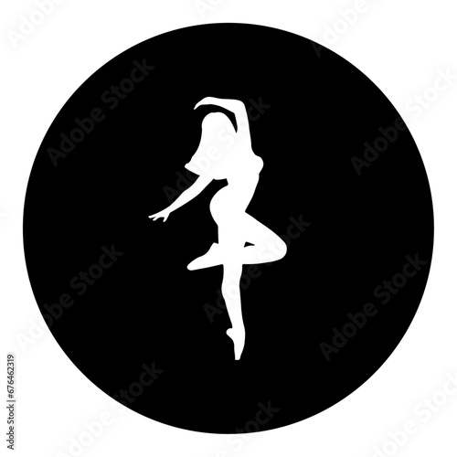 A ballerina symbol in the center. Isolated white symbol in black circle. Vector illustration on white background