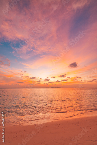 Closeup sea waves beach horizon. Panoramic beach landscape. Paradise tropical beach summer seascape. Colorful sunset sky, soft sand, calmness, tranquil relaxing sunlight. Inspire meditation vacation