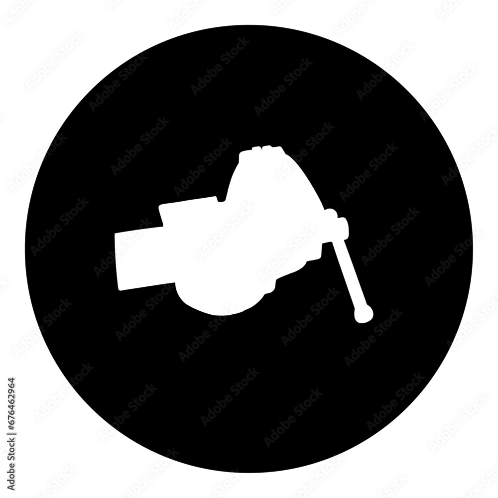 A vise symbol in the center. Isolated white symbol in black circle. Vector illustration on white background A vise symbol in the center. Isolated white symbol in black circle. Vector illustration on white background