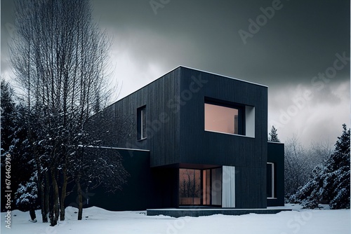 Картината върху платно a black box house is surrounded by snowy woods and trees