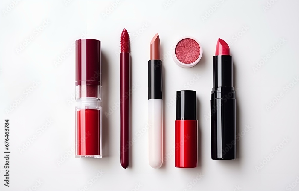 red lipstick, lip gloss, mascara, powder on white wooden table soft light for beauty fashion design red lipstick, lip gloss, mascara, powder on white wooden table soft light for beauty fashion design