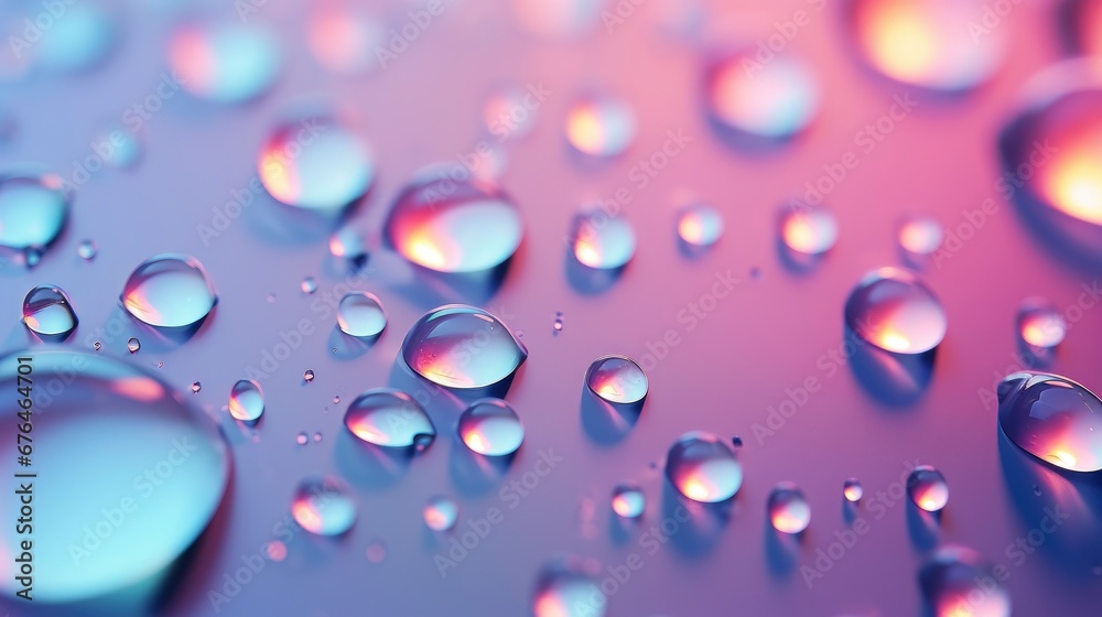 Water Drops on pastel neon holographic background Macro shot Water Drops on pastel neon holographic background Macro shot