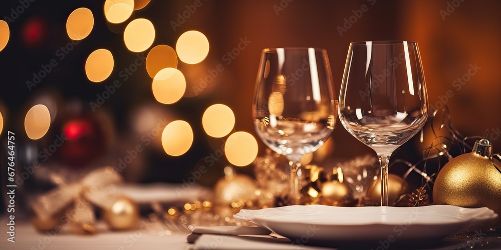 Beautiful table setting for Christmas dinner at home on blurred lights background, festive banner features champagne glasses, blurred holiday lights, setting the scene for a celebratory atmosphere Beautiful table setting for Christmas dinner at home on blurred lights background, festive banner features champagne glasses, blurred holiday lights, setting the scene for a celebratory atmosphere