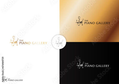Luxury piano with rose logo design concept