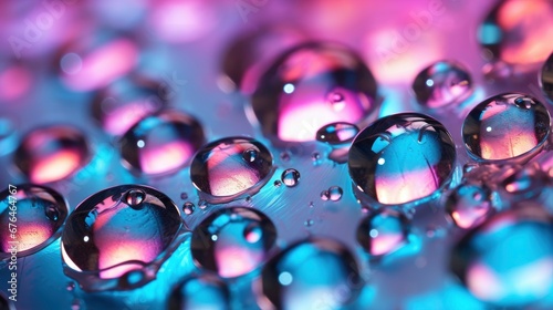 Water Drops on pastel neon holographic background Macro shot
