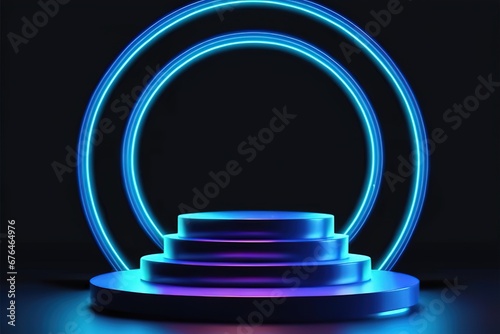 3d rendering illustration modern futuristic podium stage platform with neon lighting and black background for premium produt business technology.ai generated photo