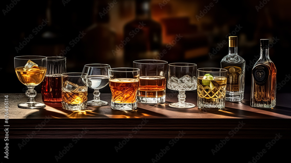 Set of hard strong alcoholic drinks and spirits in glasses in assortment. Generative AI