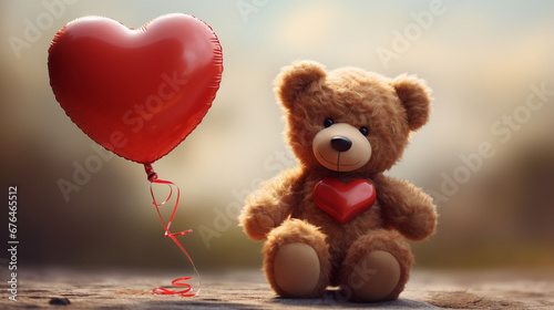 Cute teddy bear holds a heart ball. Valentine with a bear.