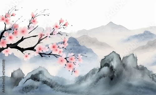 Un tableau asiatique au format aquarelle avec des fleurs roses