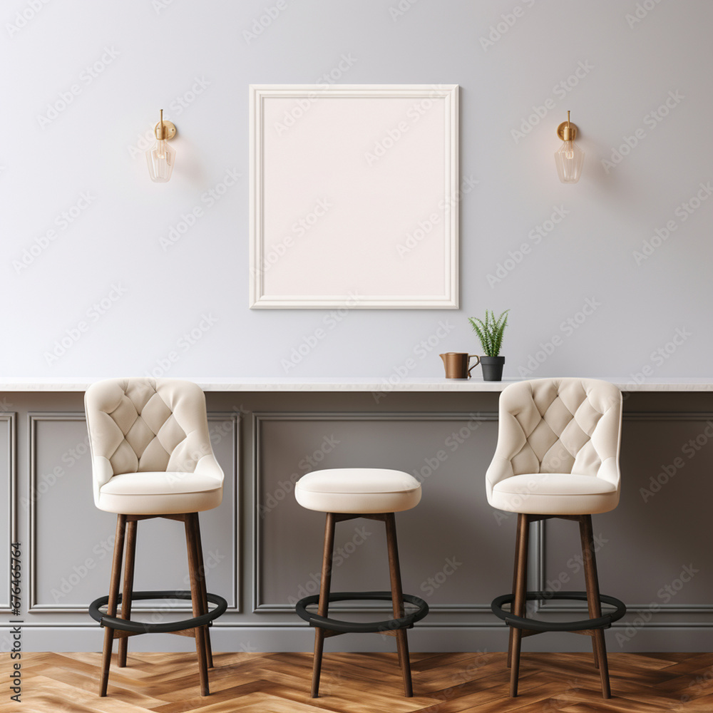 mockup of an empty frame on the wall in a cafe with bar stools mockup of an empty frame on the wall in a cafe with bar stools