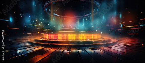 The abstract background design with a touch of vintage and isolated technology elements sets the stage for a mesmerizing music party where retro lights illuminate the celebration in a circle