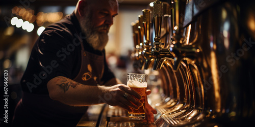 a bartender in a pub pours a glass of beer