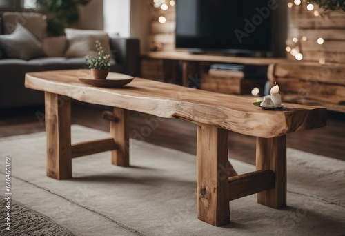 Boho farmhouse home interior design of modern living room Rustic bench made from wooden slab