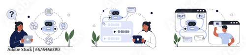 Set of AI technology, smart chat bot . Machine learning. Artificial intelligence, chatbot self-learning, artificial intelligence regulations. AI robot assistant supporting online. Vector illustration.