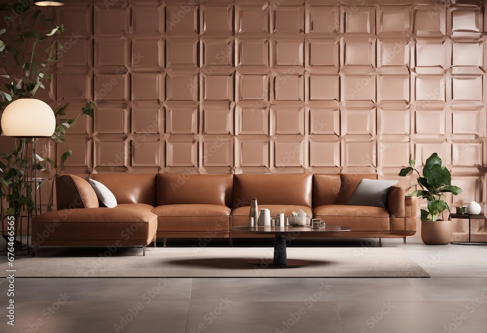 Leather terra cotta sofa near stone tiled 3d panel wall Interior design