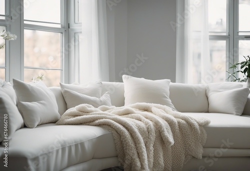 White cushions and cream color blanket on white sofa against of window Scandinavian style interior 