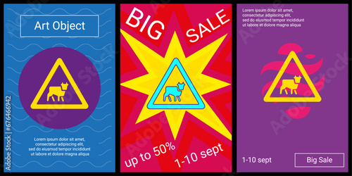Trendy retro posters for organizing sales and other events. Large pets road sign in the center of each poster. Vector illustration on black background
